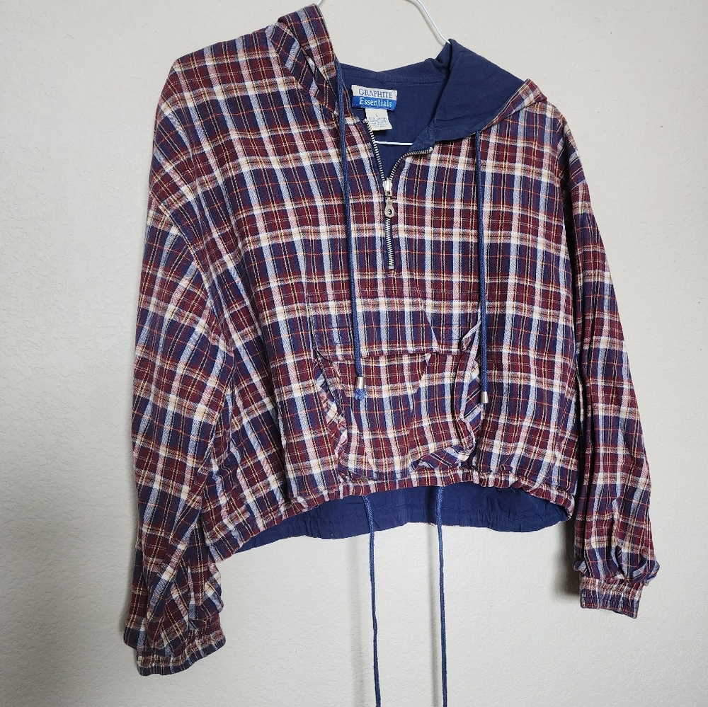 VINTAGE Hoodie Cropped Pullover Y2K Jacket Maroon Navy Plaid Cotton Womens Large
